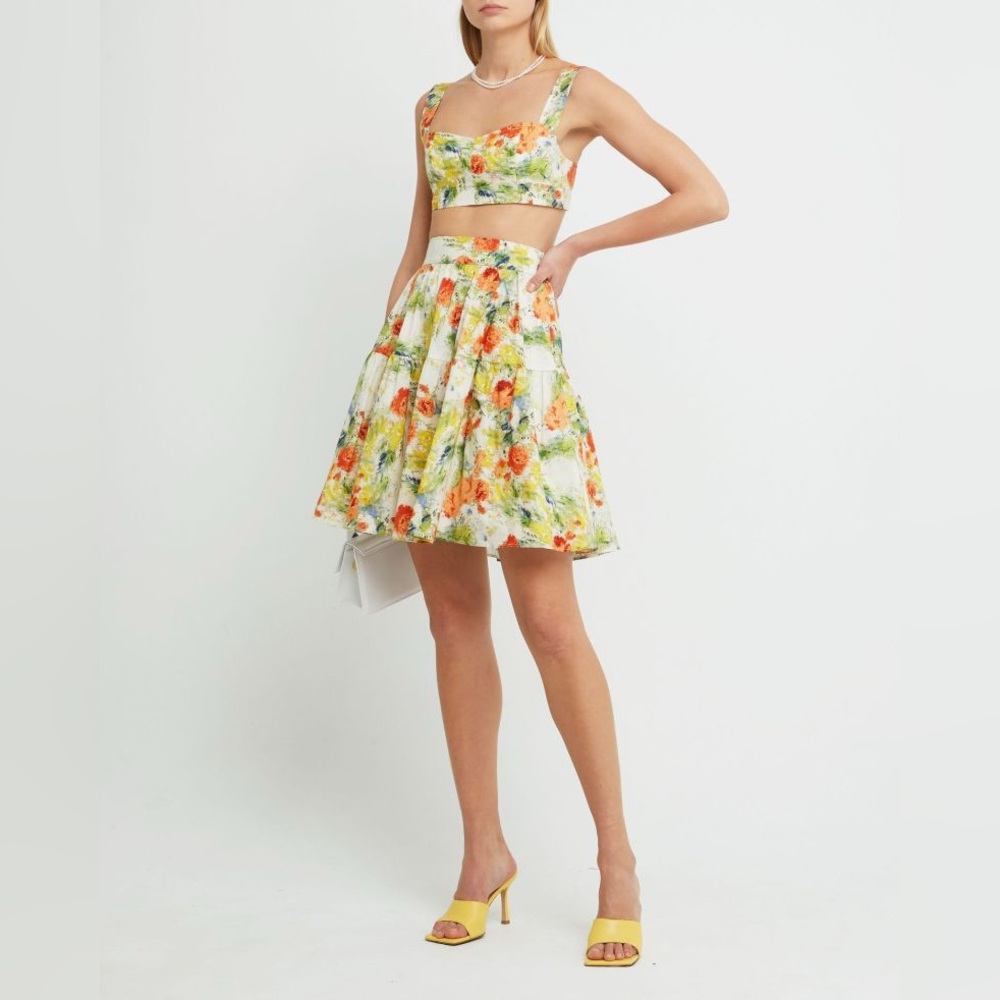 O.P.T Reese Set Crop Top High Waist Skirt Tropical Vaca Floral Watercolor XS NWT